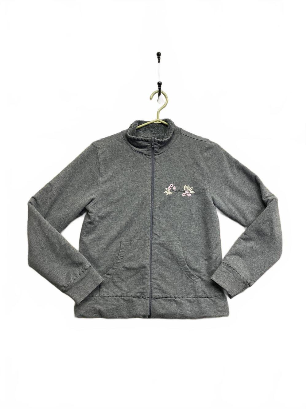 Vtg Y2K Boca Active Women's Grey Full-Zip Fleece Jacket with Floral Embroidery S
